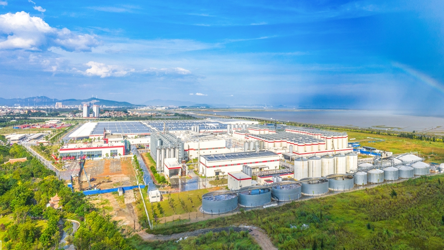 俯瞰园区可见大面积光伏发电板，年发电可达1500万度。蔡昊摄